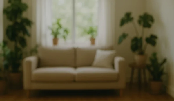 A blurry photograph of living room with houseplants