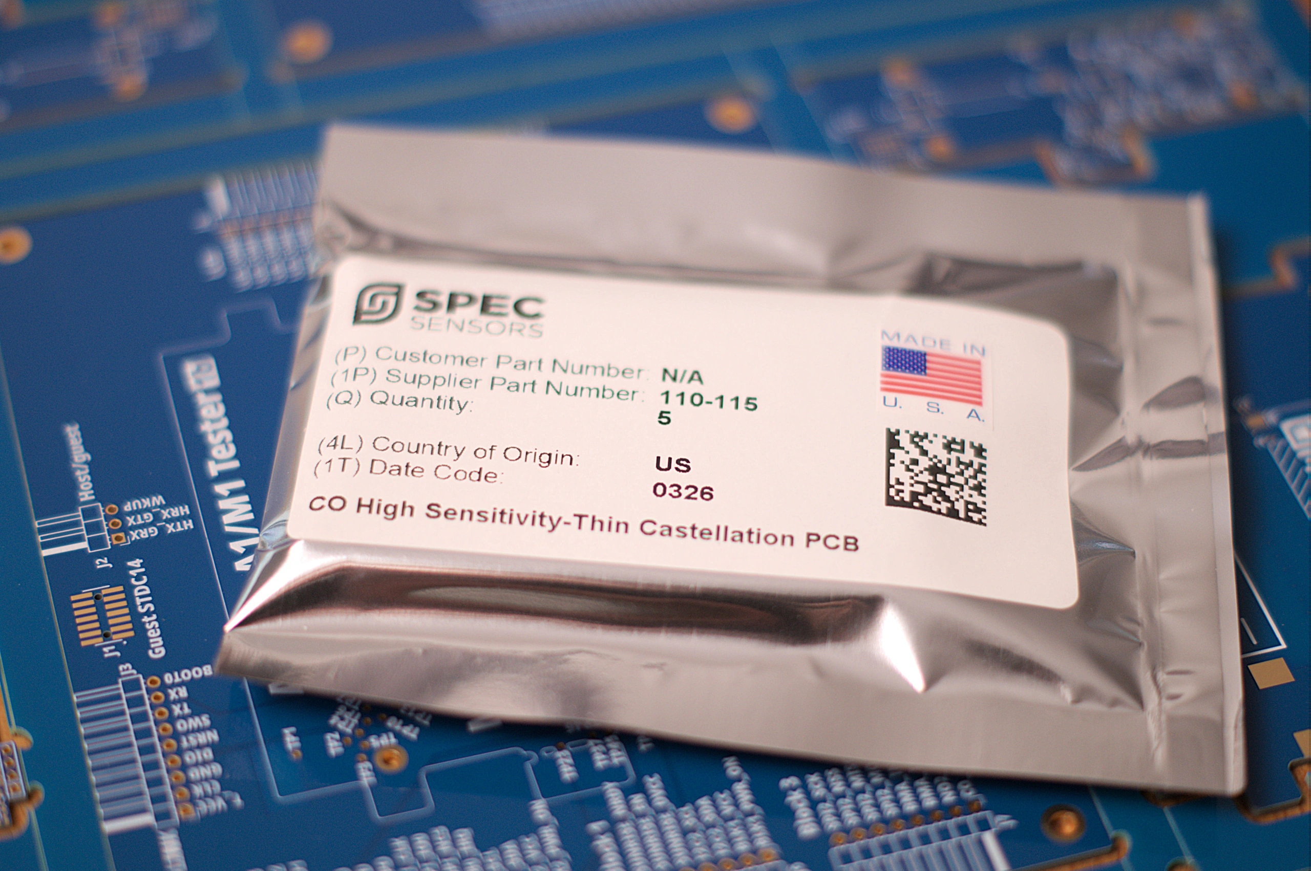 Photograph of an Interlink sensor packaging showing the Made in USA logo
